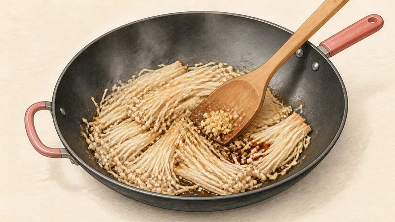 Vegetable japchae, step 9: Cook the enoki.