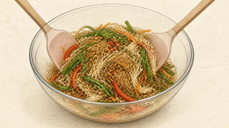 Vegetable japchae, step 10: Fold everything together.
