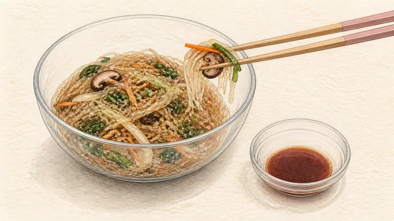 Vegetable japchae, step 11: Balance while warm.