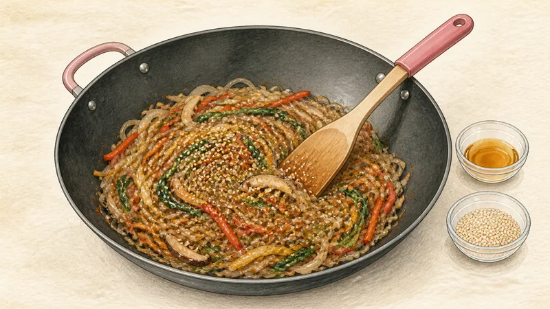 Vegetable japchae, step 12: Finish with sesame.