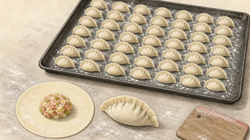 Northern Chinese pork-and-cabbage jiaozi, step 4: Fill and seal.