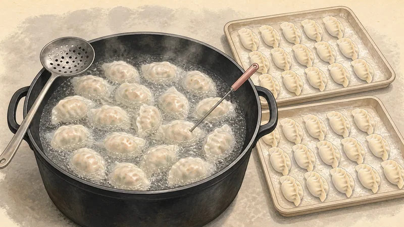 Northern Chinese pork-and-cabbage jiaozi, step 5: Boil in three 16-piece batches.
