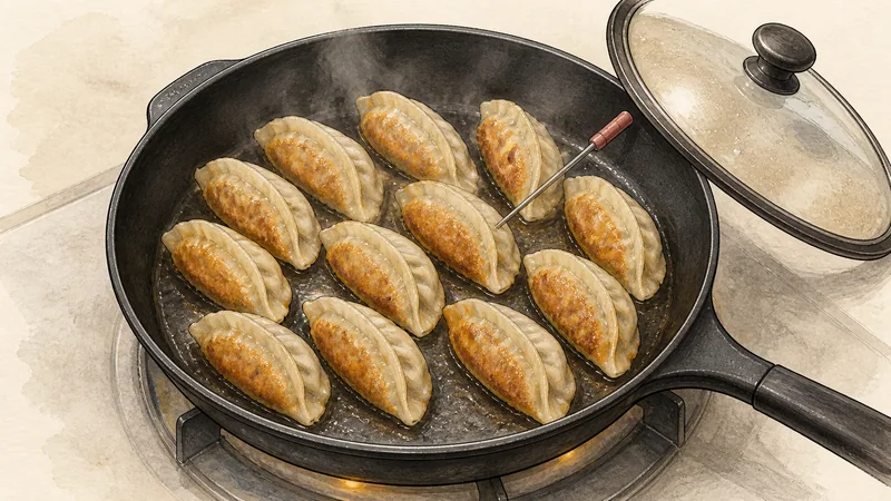 Northern Chinese pork-and-cabbage jiaozi, step 8: Steam-fry and crisp.