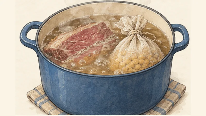 Newfoundland Jiggs Dinner, step 3: Start the salt beef and peas.
