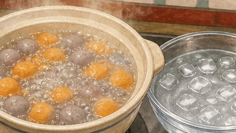 Jiufen Taro Balls, step 5: Boil and shock.