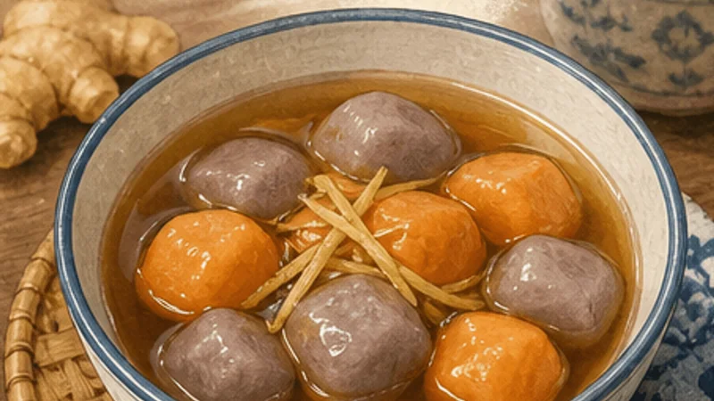 Jiufen Taro Balls, step 6: Make ginger syrup and serve.