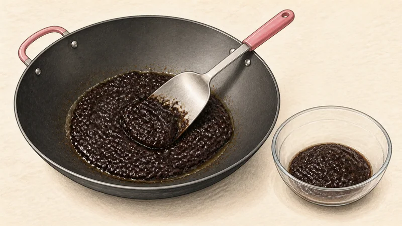Jjajangmyeon, step 1: Fry the chunjang first.