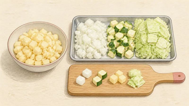 Jjajangmyeon, step 2: Cut equal vegetable cubes.