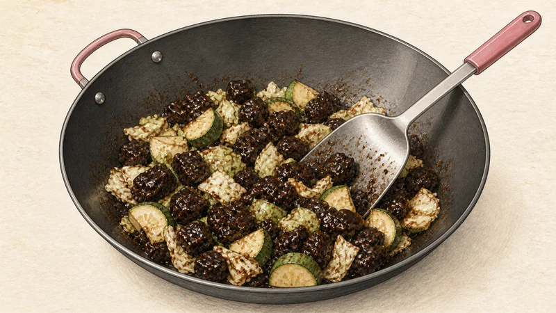 Jjajangmyeon, step 5: Add cabbage and zucchini.