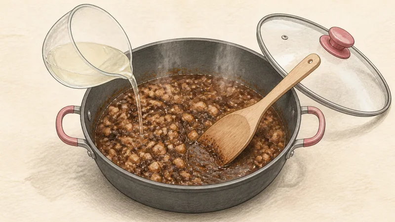 Jjajangmyeon, step 6: Simmer the sauce.
