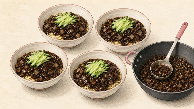 Jjajangmyeon, step 10: Sauce, garnish, and mix.