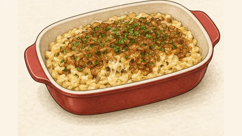 Käsespätzle, step 9: Top with onions and chives.
