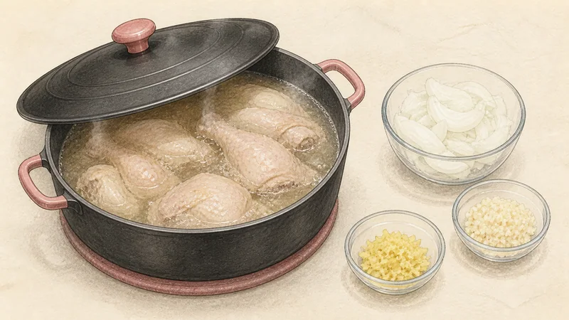 Chicken kalguksu, step 5: Simmer with aromatics.