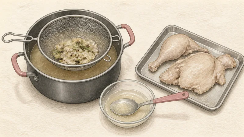 Chicken kalguksu, step 6: Strain and defat the broth.