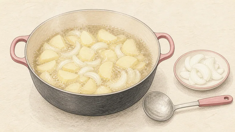 Chicken kalguksu, step 10: Start potato and onion in broth.
