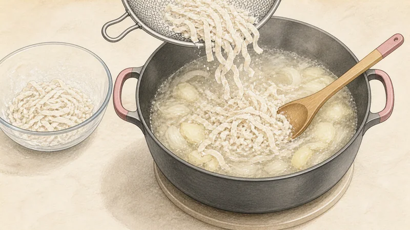 Chicken kalguksu, step 11: Shake off flour and add noodles.