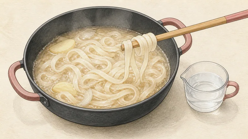 Chicken kalguksu, step 12: Cook noodles to a resilient centre.