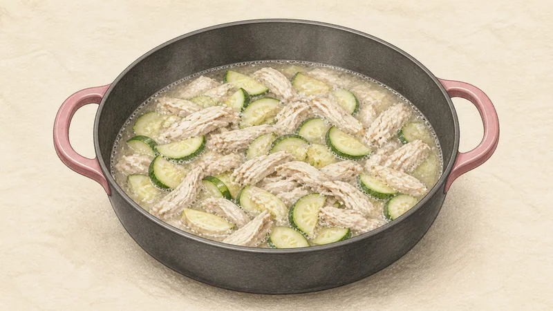 Chicken kalguksu, step 13: Add zucchini and chicken.