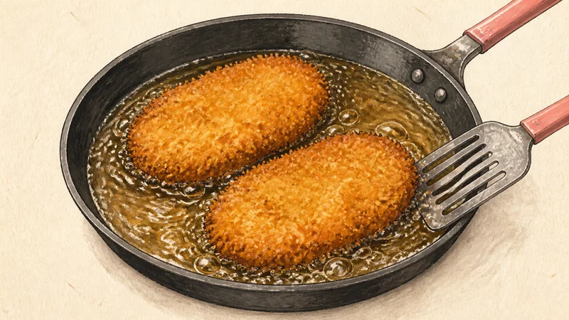 Katsudon (pork cutlet rice bowl), step 4: Fry and verify the pork.