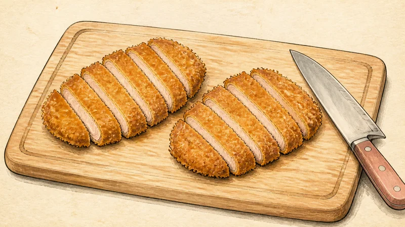 Katsudon (pork cutlet rice bowl), step 5: Slice the tonkatsu.