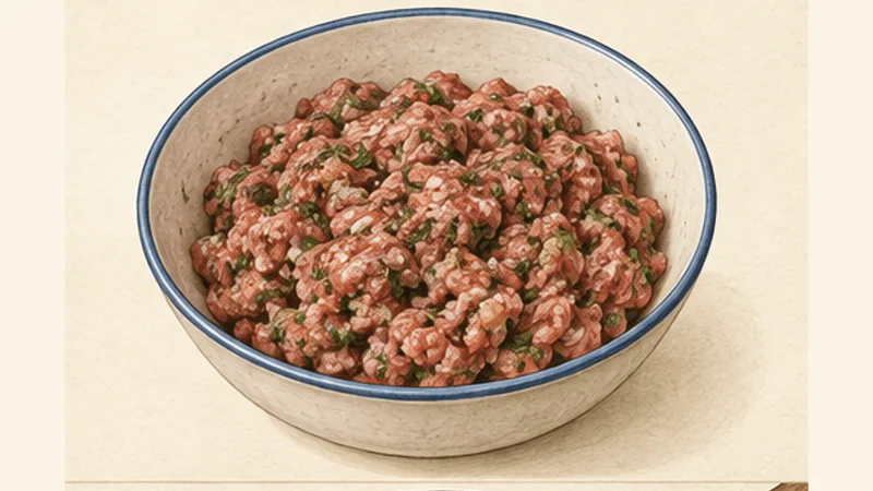 Keftedes, step 3: Mix the meat gently.