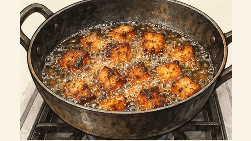Ghanaian Kelewele Spiced Plantains, step 4: Heat oil and fry until caramelized.