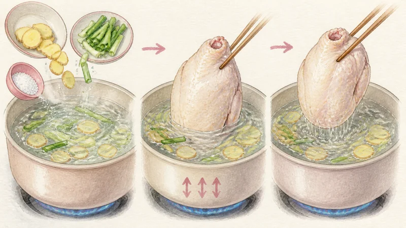 Thai Khao Man Gai, step 2: Lower chicken into seasoned water.