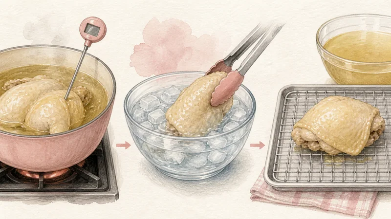 Thai Khao Man Gai, step 4: Verify and chill the chicken skin.
