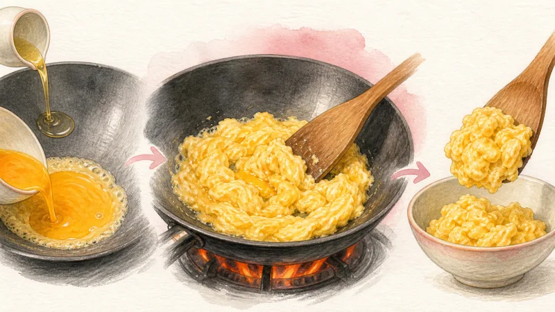 Thai Crab Fried Rice, step 3: Set soft egg curds.