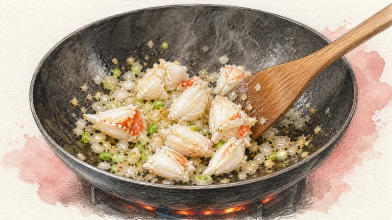 Thai Crab Fried Rice, step 4: Sear aromatics and crab.