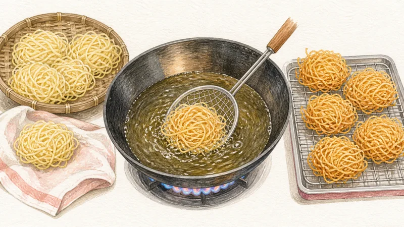 Chiang Mai Chicken Khao Soi, step 10: Fry the crisp noodle nests.