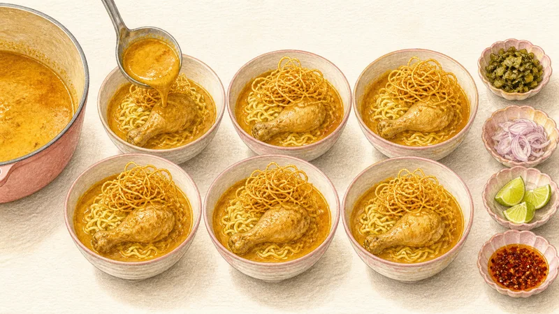 Chiang Mai Chicken Khao Soi, step 13: Build six balanced bowls.