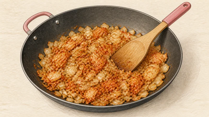 Kimchi fried rice, step 2: Caramelize onion and kimchi.