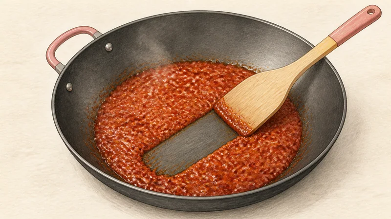 Kimchi fried rice, step 3: Concentrate the red sauce.