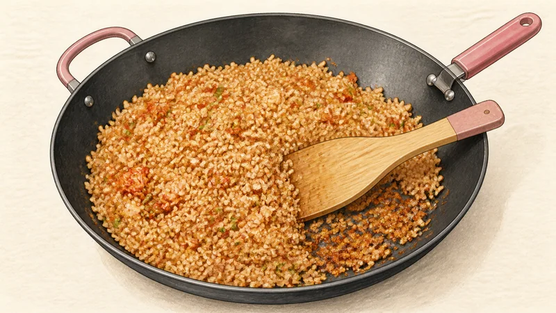 Kimchi fried rice, step 4: Fry until grains separate.