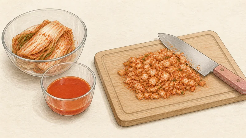 Kimchi pancake, step 2: Cut and measure the kimchi.