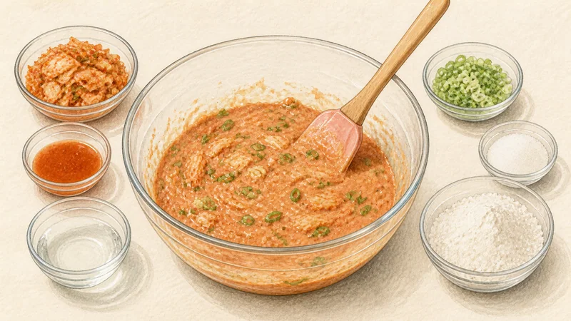 Kimchi pancake, step 3: Mix a loose red batter.