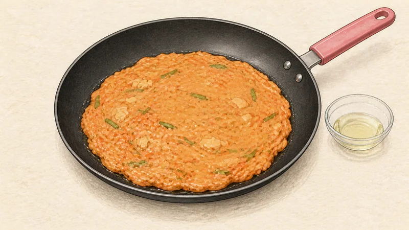Kimchi pancake, step 4: Spread the first thin pancake.