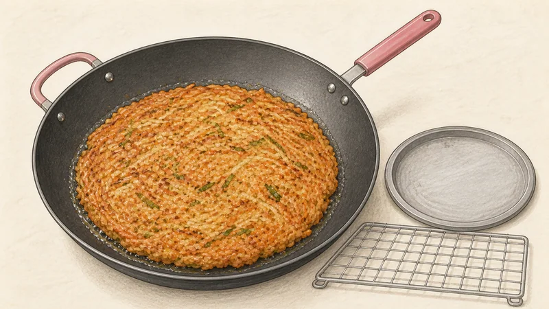 Kimchi pancake, step 5: Flip and crisp both sides.