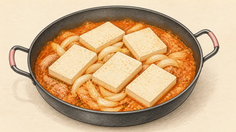Pork kimchi jjigae, step 6: Set the onion and tofu.