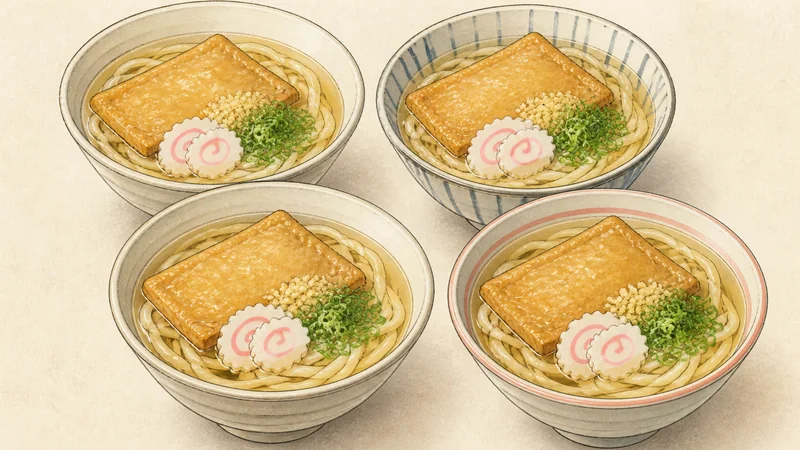 Kitsune udon with seasoned tofu pouches, step 7: Top each bowl.