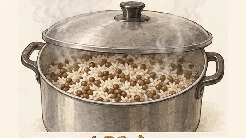Egyptian Koshari, step 5: Steam the rice with lentils.