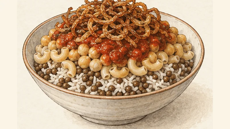 Egyptian Koshari, step 8: Layer the koshari.