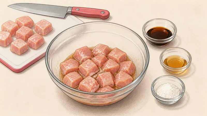 Kung Pao chicken, step 1: Cut and marinate the chicken.