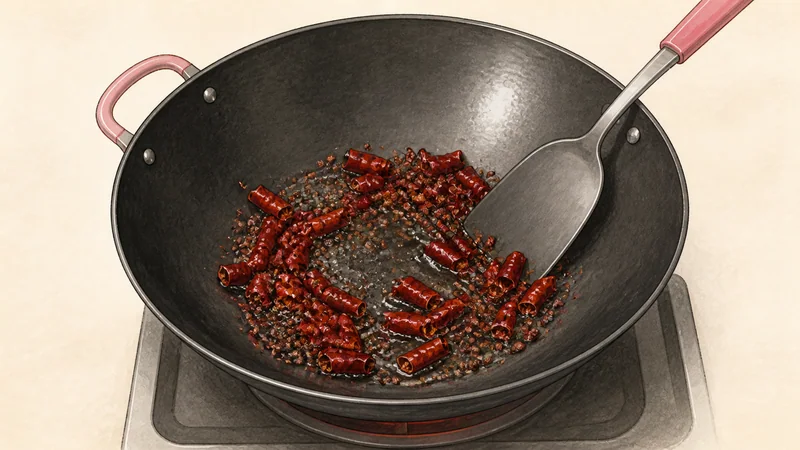 Kung Pao chicken, step 5: Toast the spices gently.
