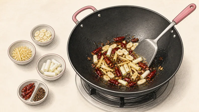 Kung Pao chicken, step 6: Fry the aromatics.