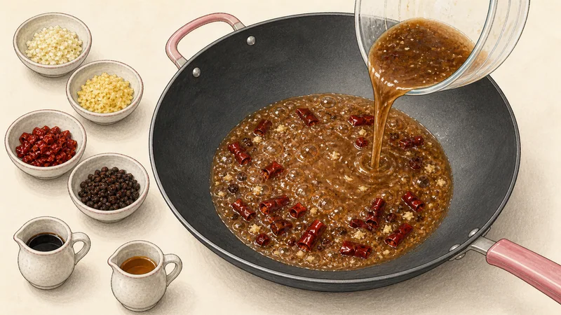 Kung Pao chicken, step 7: Bubble the sauce.