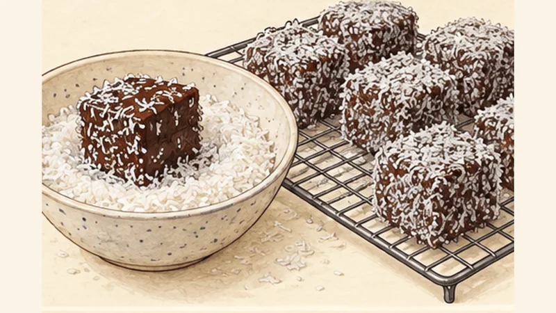Australian Lamingtons, step 6: Dip and coat with coconut.