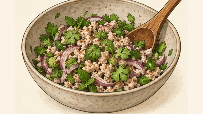 Lao Chicken Larb (Laap Gai), step 4: Fold in the herbs.