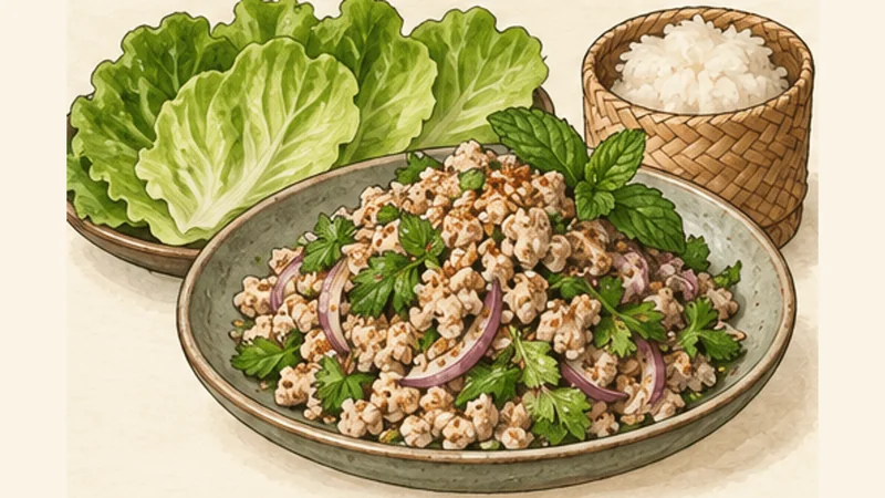 Lao Chicken Larb (Laap Gai), step 5: Balance and plate.